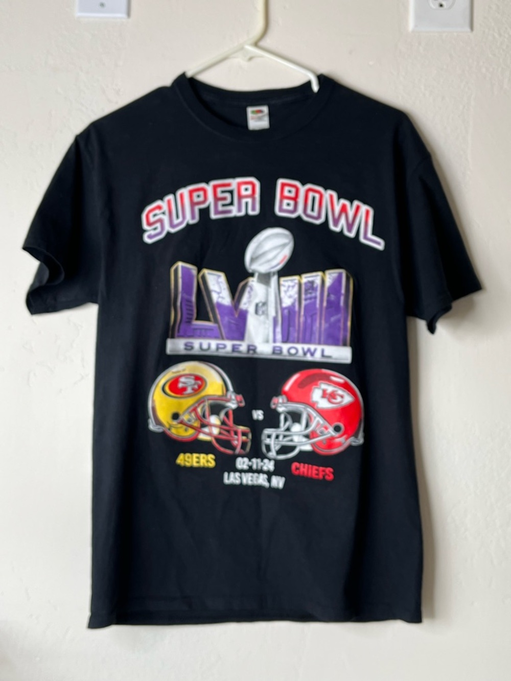 Fruit of the Super Bowl Black Tee with Red, Green, Yellow, Purple Logo